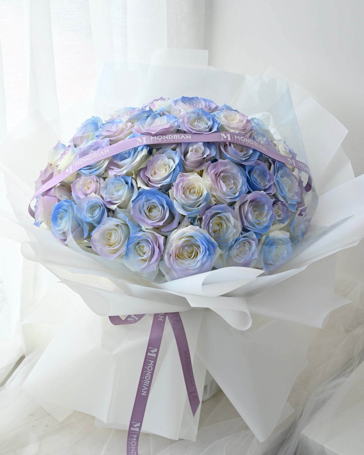 aurora rose | 99 rose Bouquet Singapore | anniversary rose bouquet | rose bouquet delivery sg | Valentine's Day flower delivery | blue rose bouquet | Mondrian Florist SG