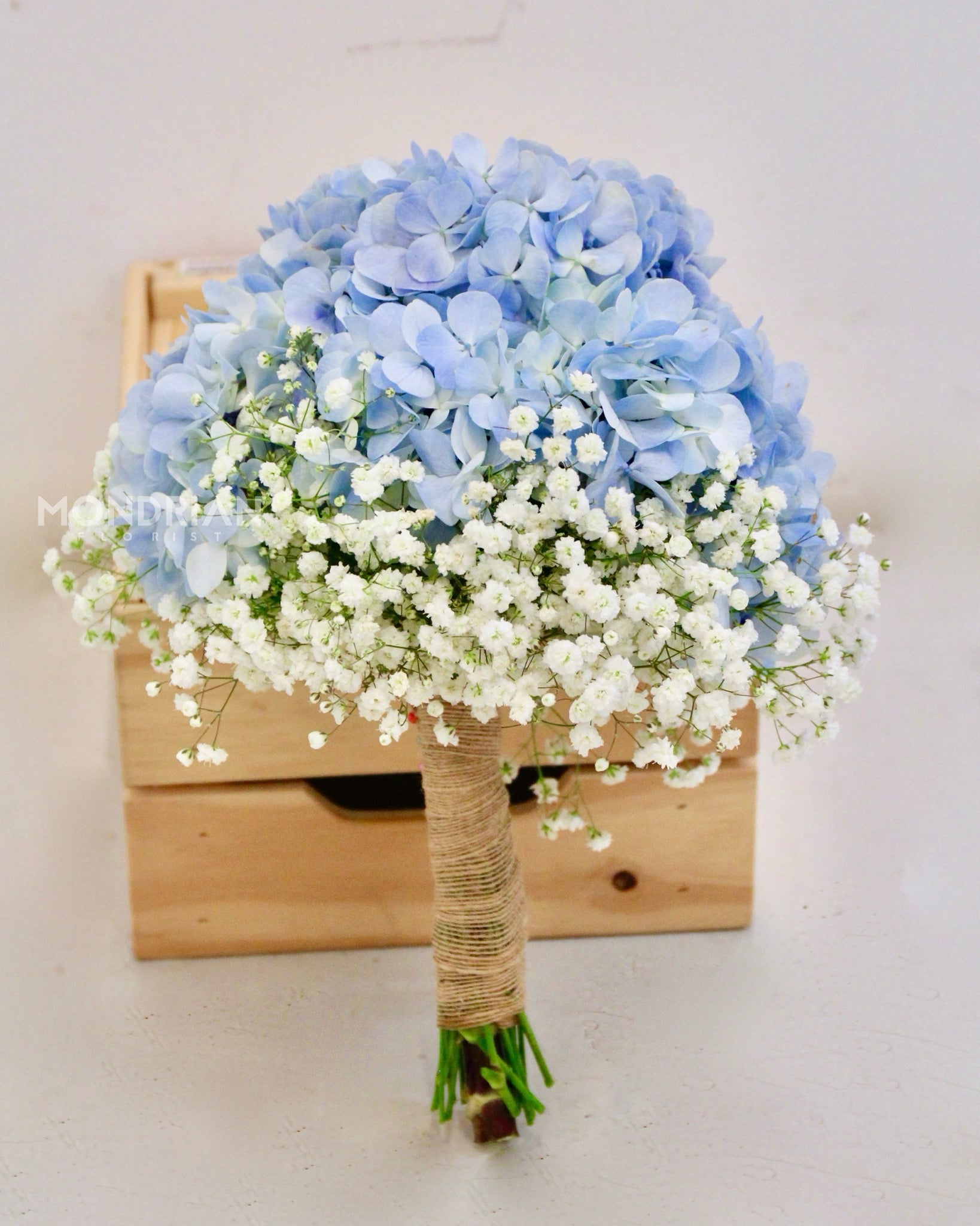 Blue Hydrangea Bridal Bouquet | wedding Flower singapore | ROM bridal bouquet | sg wedding florist | baby's breath bridal bouquet | Mondrian Florist SG