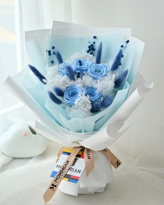 preserved blue rose bouquet | preserved hydrangea bouquet | dried bunny grass flower bouquet