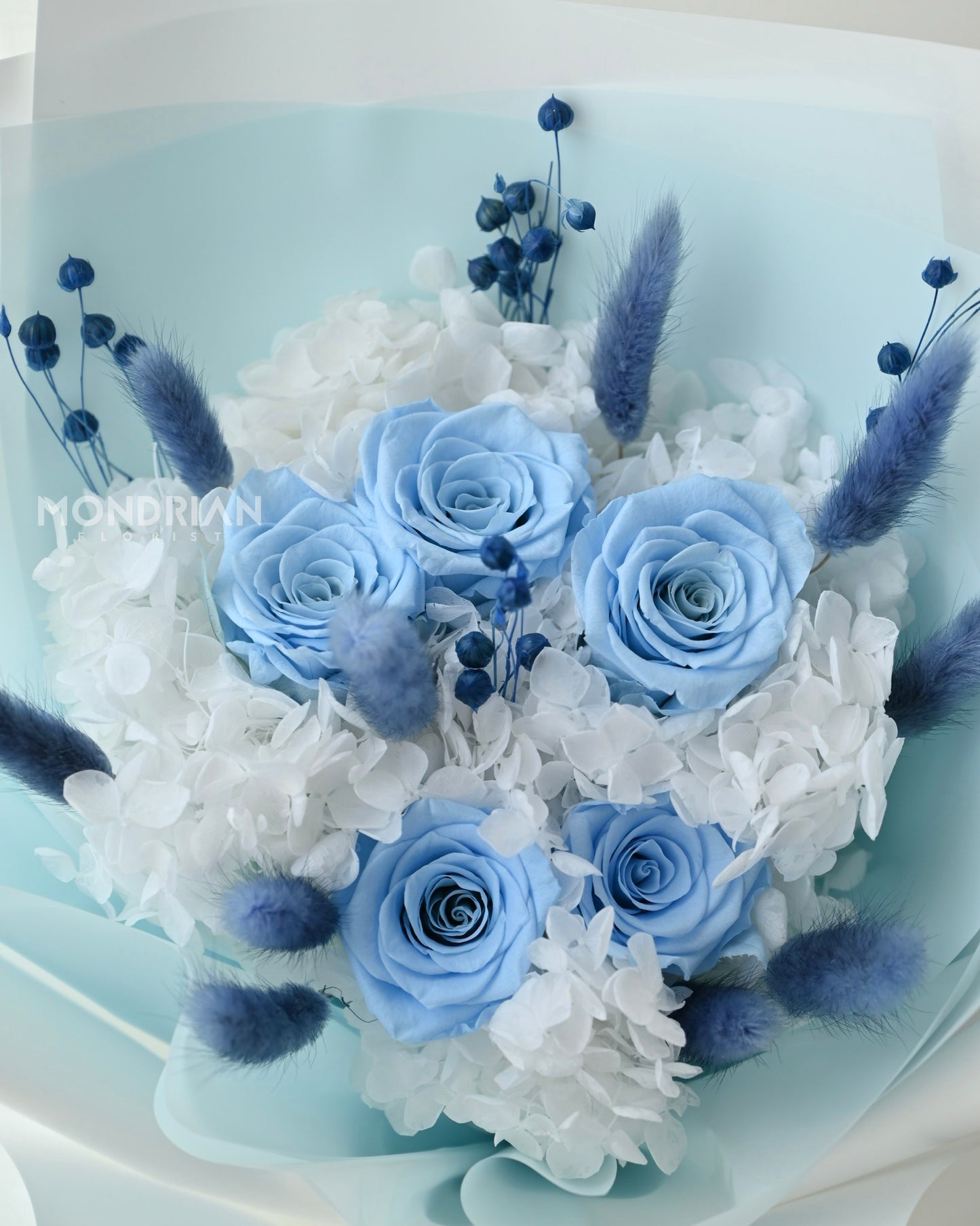 preserved blue rose bouquet | preserved hydrangea bouquet | dried bunny grass flower bouquet