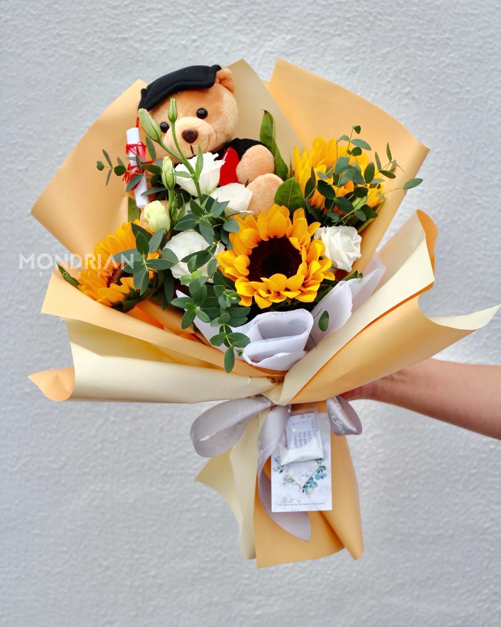 Graduation Bouquet | graduation bear bouquet | graduation flower delivery | sunflower bouquet | Flower Delivery sg | Mondrian Florist SG