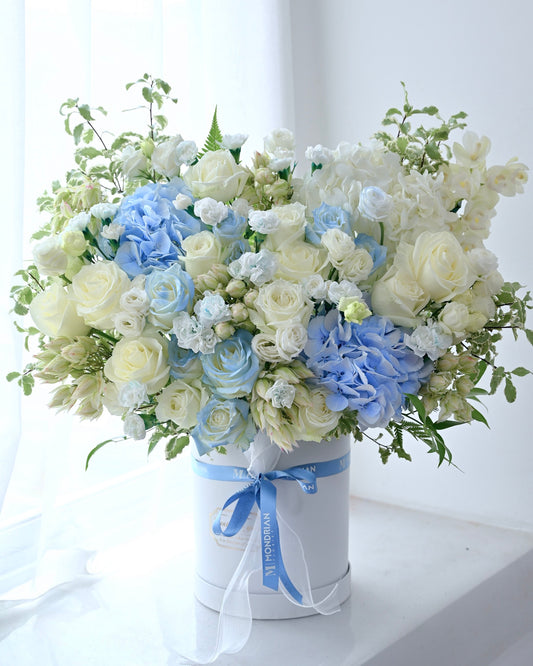 Luxury Bloom Box | jumbo Flower Box | white and blue Flower Basket | hydrangea flower box | luxury flower bouquet | luxury rose box | birthday flower box | Mondrian Florist