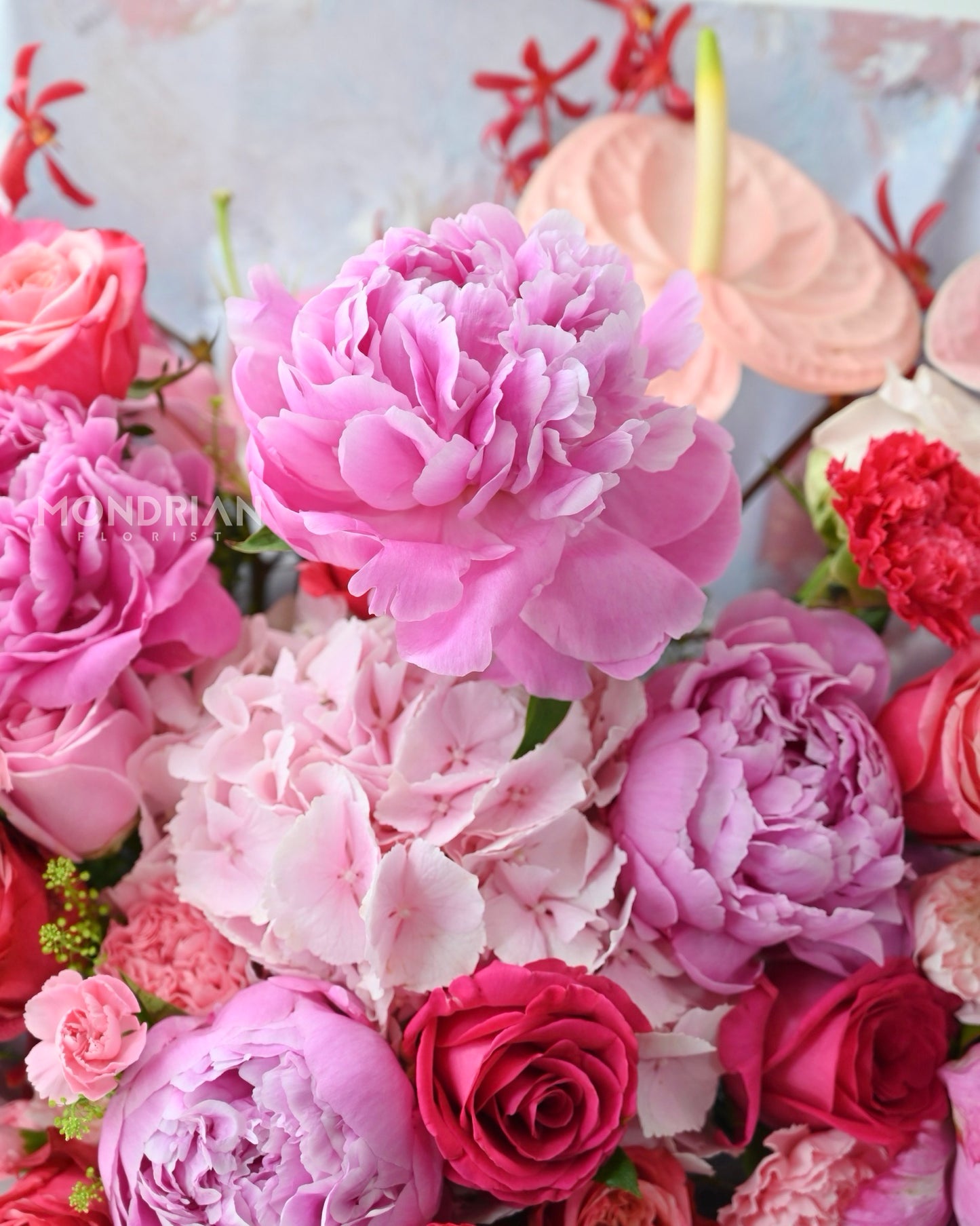 a bouquet of pink peony, hydrangea and rose bouquet for mother's day by Mondrian Florist