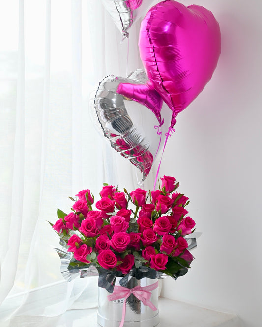 Luxury Bloom Box | luxury rose Box | flower box with balloon | rose bloom box | hot pink roses | luxury anniversary flower | birthday flower box | Mondrian Florist