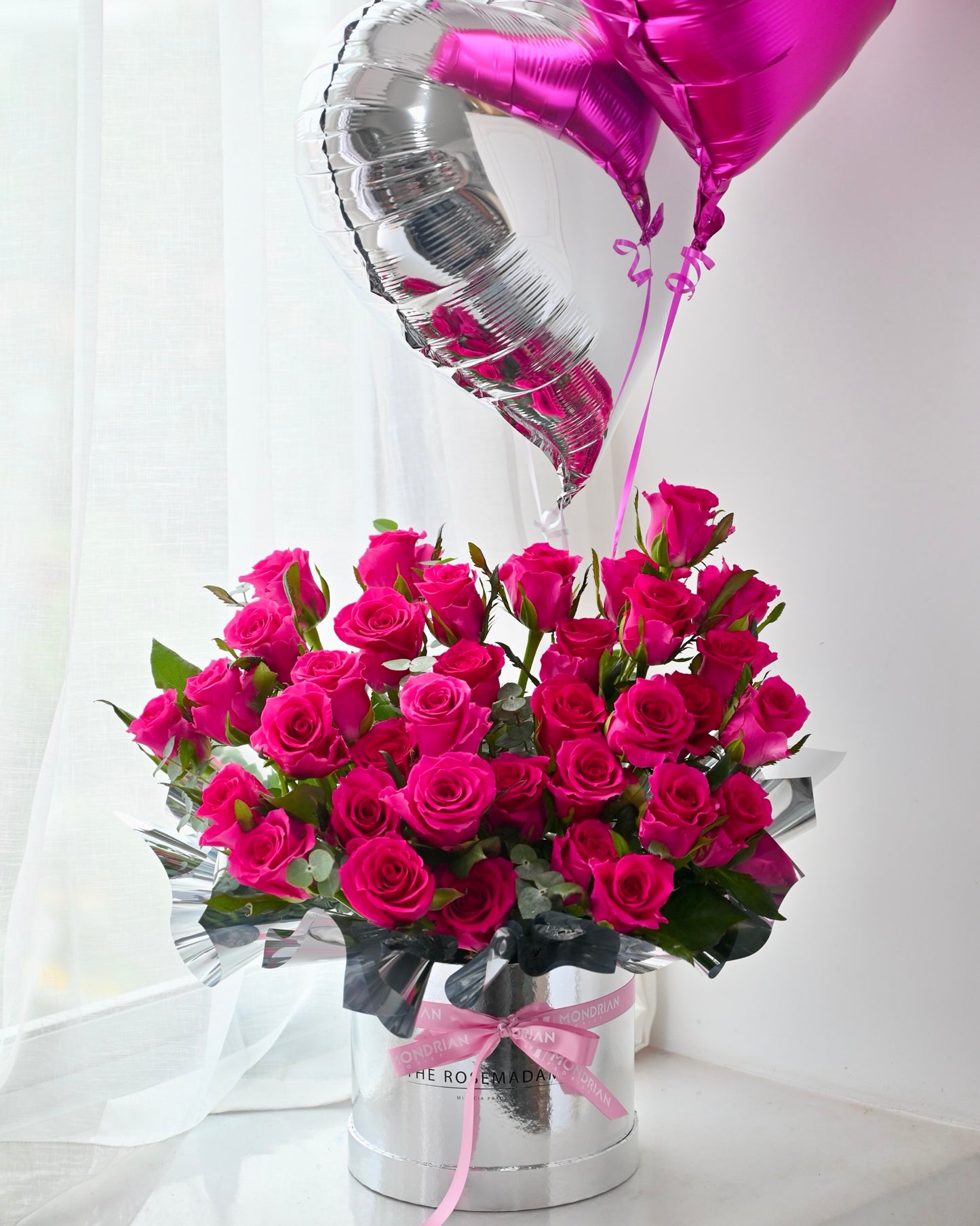 Luxury Bloom Box | luxury rose Box | flower box with balloon | rose bloom box | hot pink roses | luxury anniversary flower | birthday flower box | Mondrian Florist