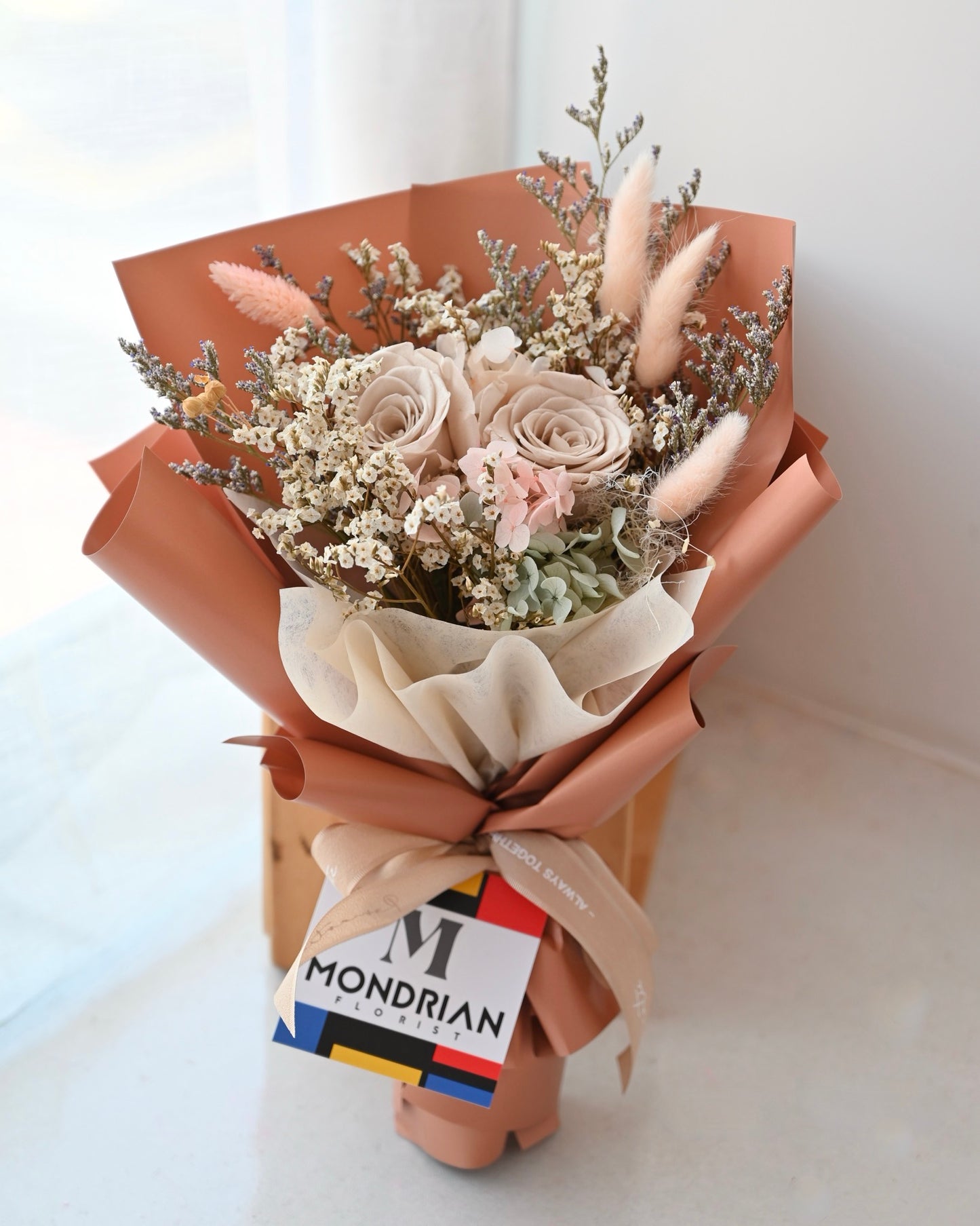Preserved Rose Bouquet | dried flower bouquet | brown rose bouquet | cappuccino rose bouquet | flower delivery sg | Mondrian Florist SG