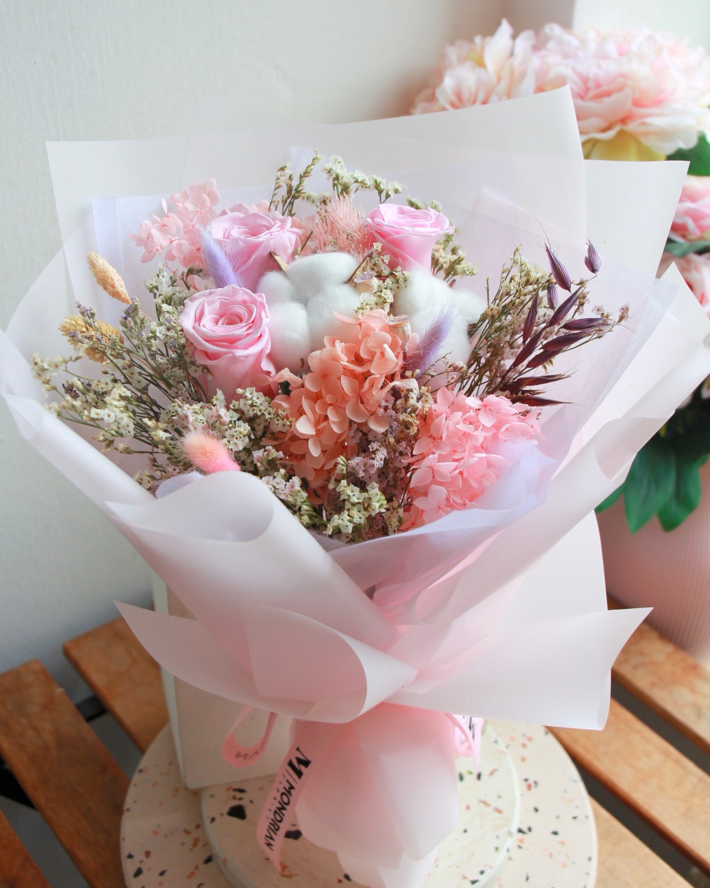 Preserved Pink Rose Bouquet | dried flower bouquet | pink rose bouquet | flower delivery sg | Mondrian Florist SG