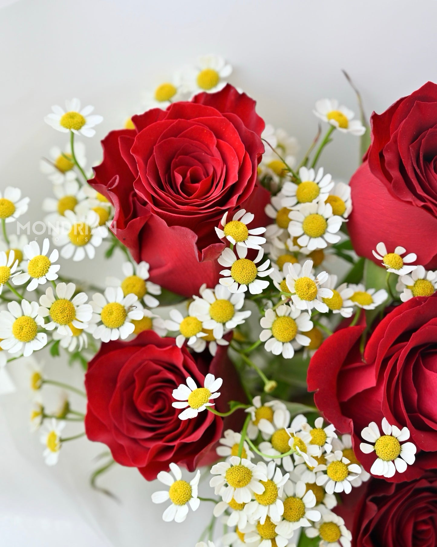 a flower bouquet of red roses and daisy flower by Mondrian Florist
