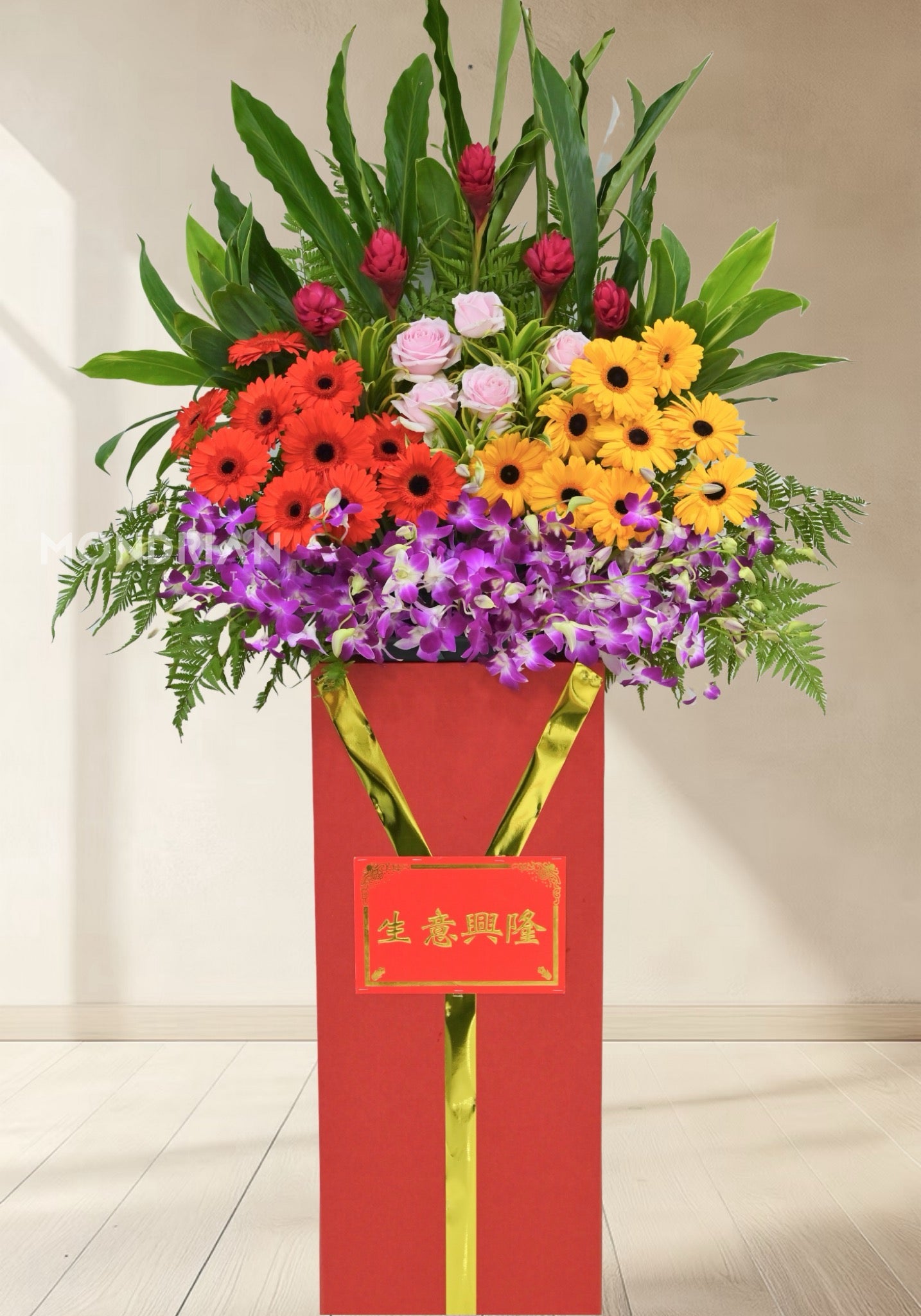 a big shop or office grand opening flower box stand with cheerful fresh flowers, with roses and orchids flower