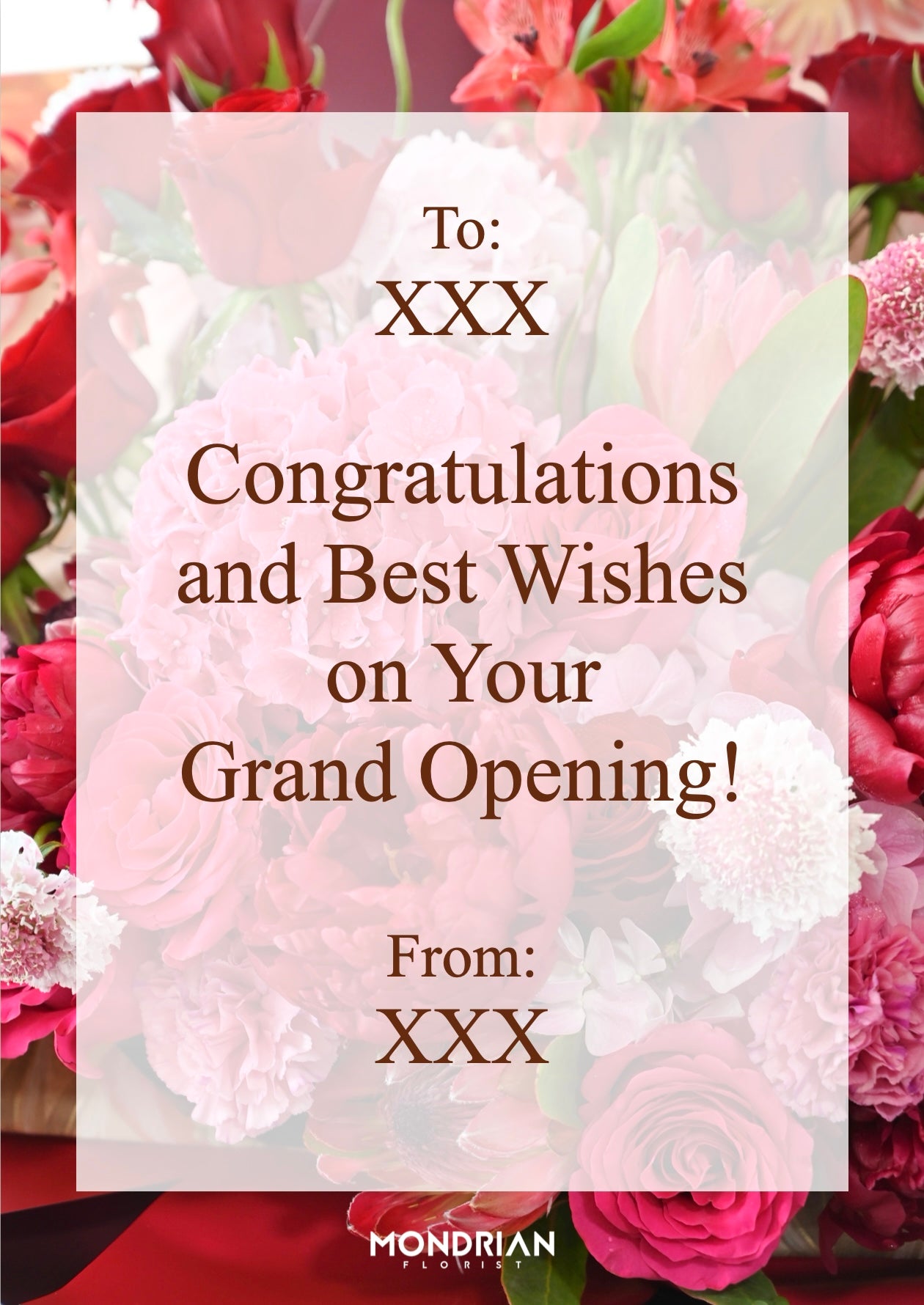 sample message card for shop opening flower stand by Mondrian Florist