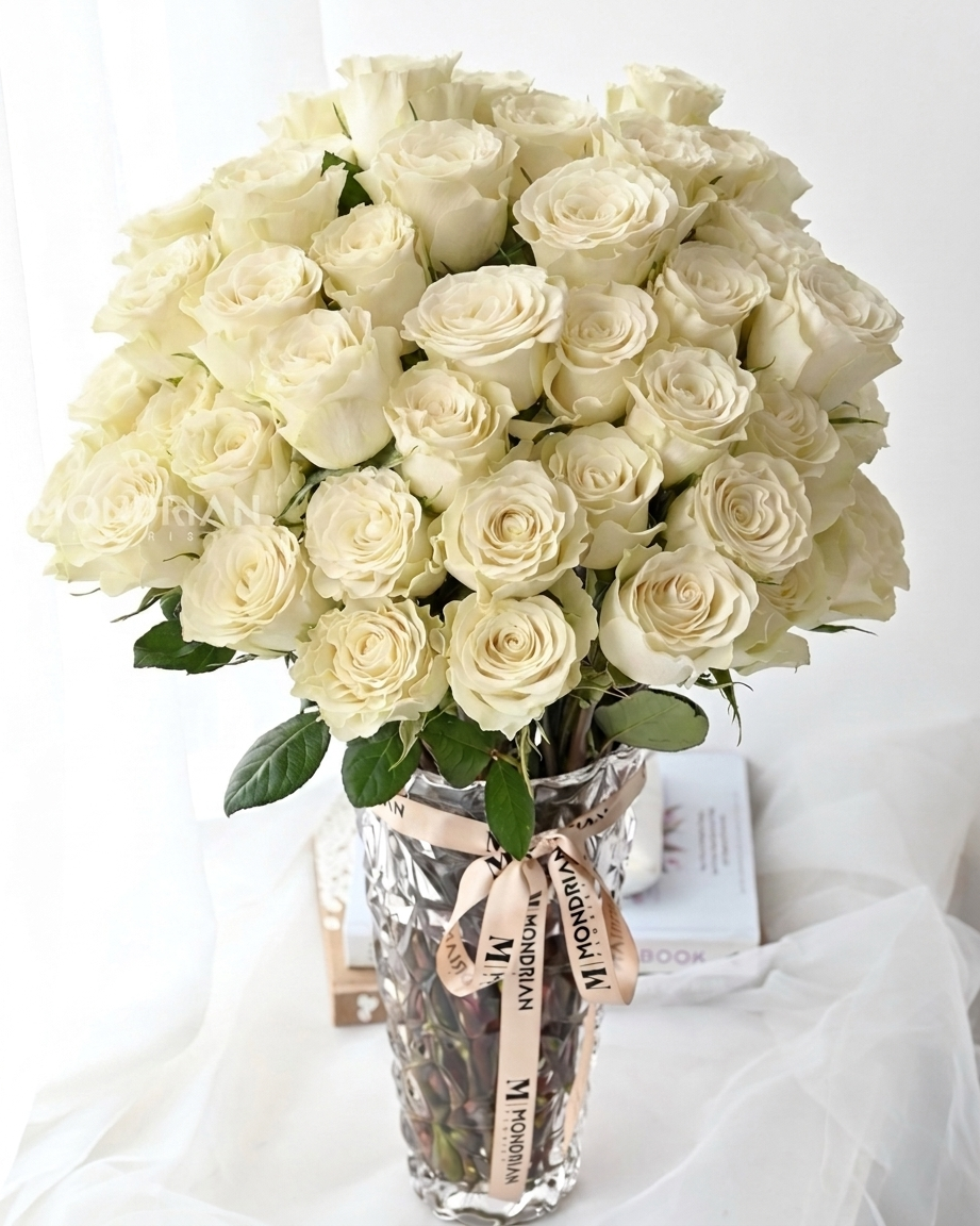 50 stalks white roses in clear glass tall vase