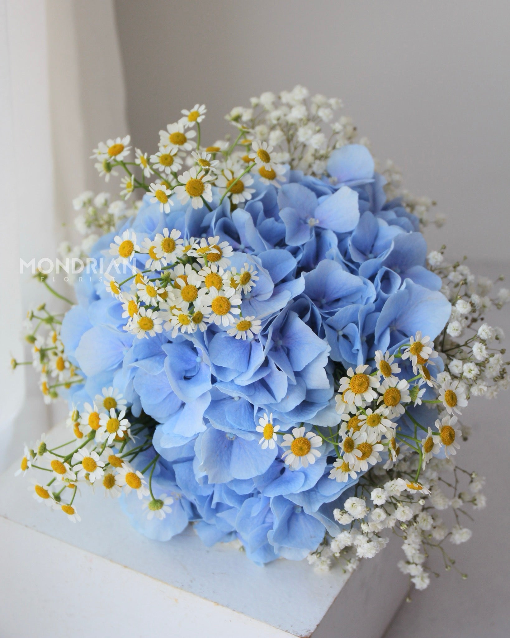 Blue Hydrangea Bridal Bouquet | baby's breath bridal bouquet | sg wedding florist | groom corsage | wedding Flower singapore | ROM bridal bouquet | Mondrian Florist SG