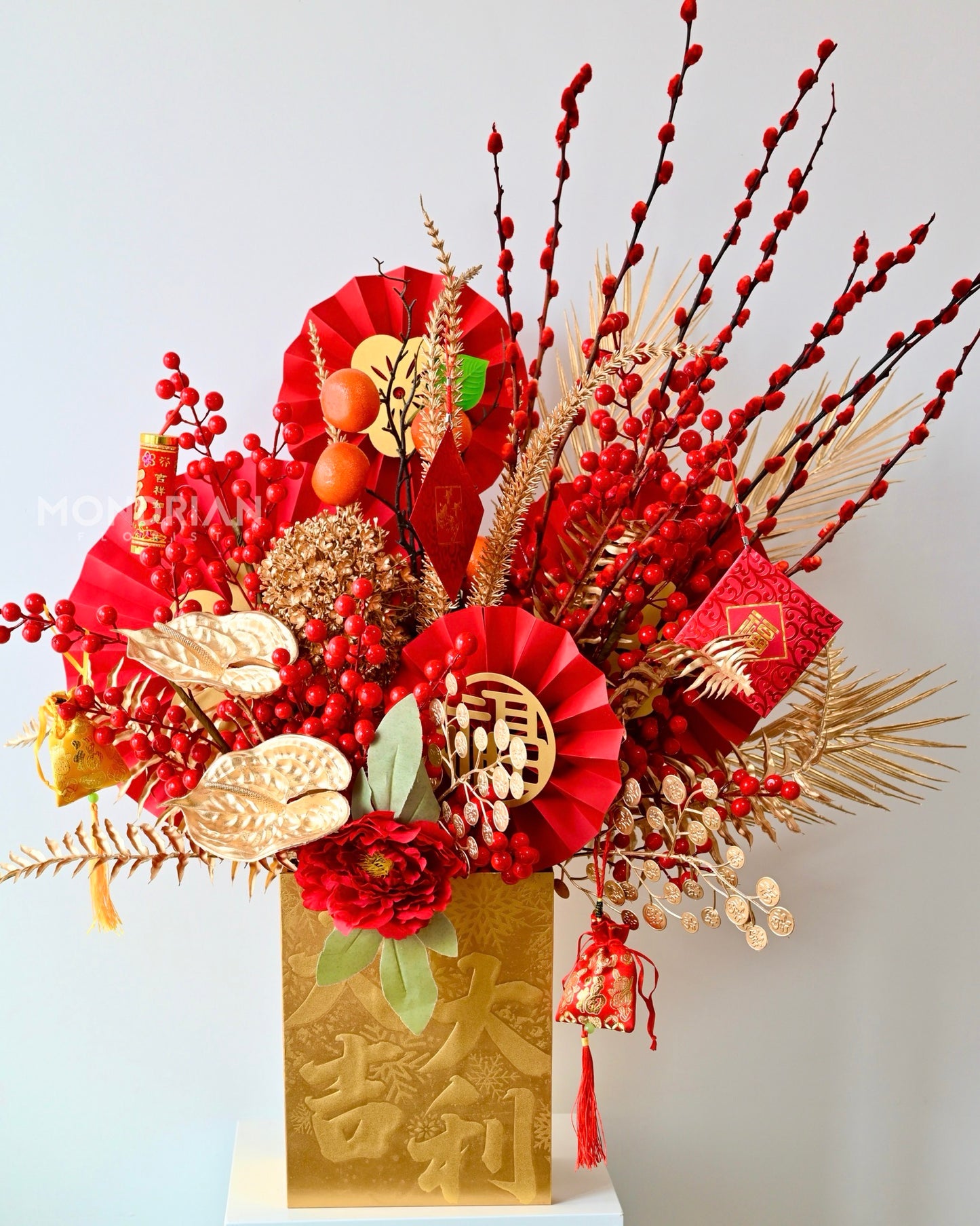 gold and red theme flower box arrangement for chinese new year