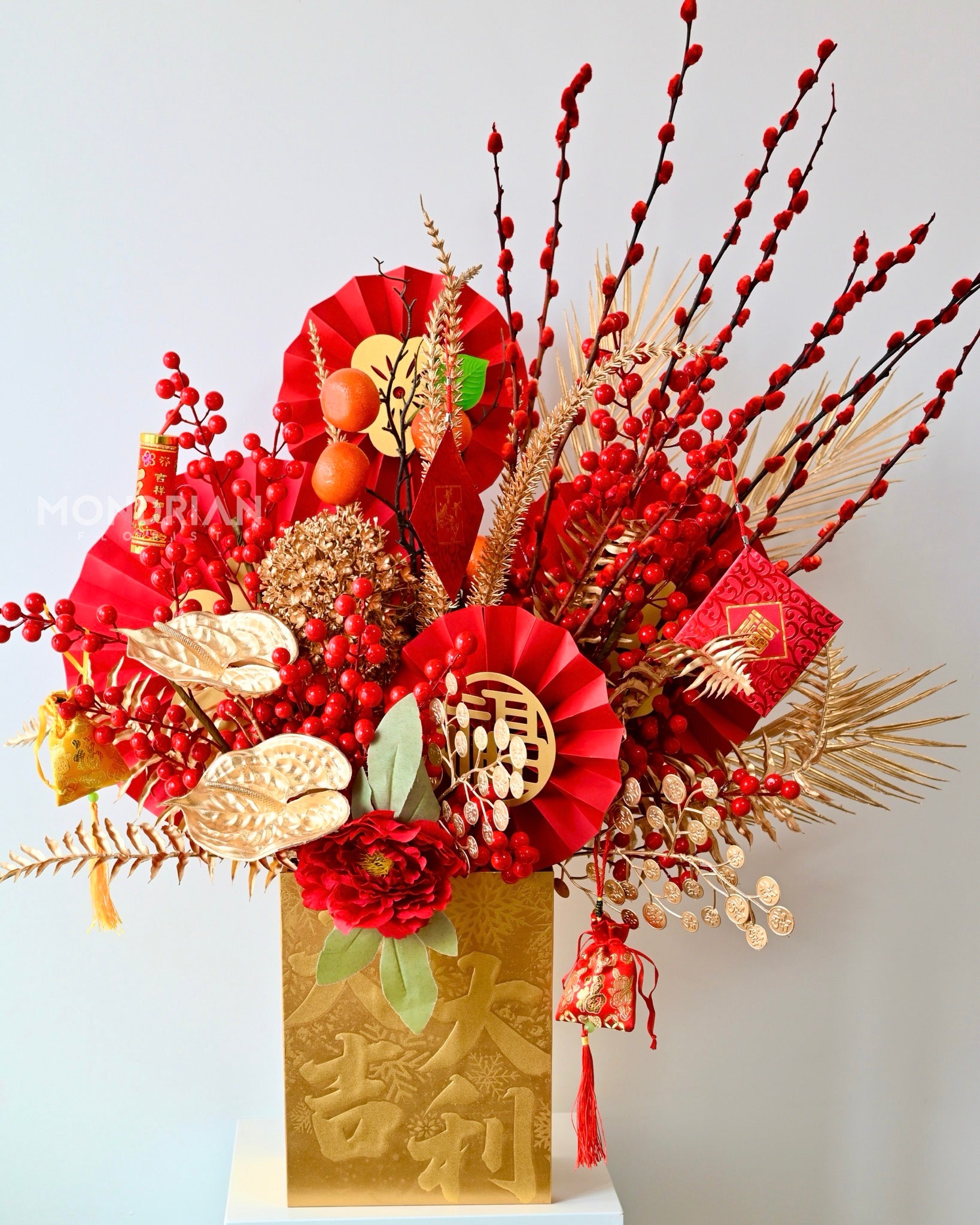 gold and red theme flower box arrangement for chinese new year