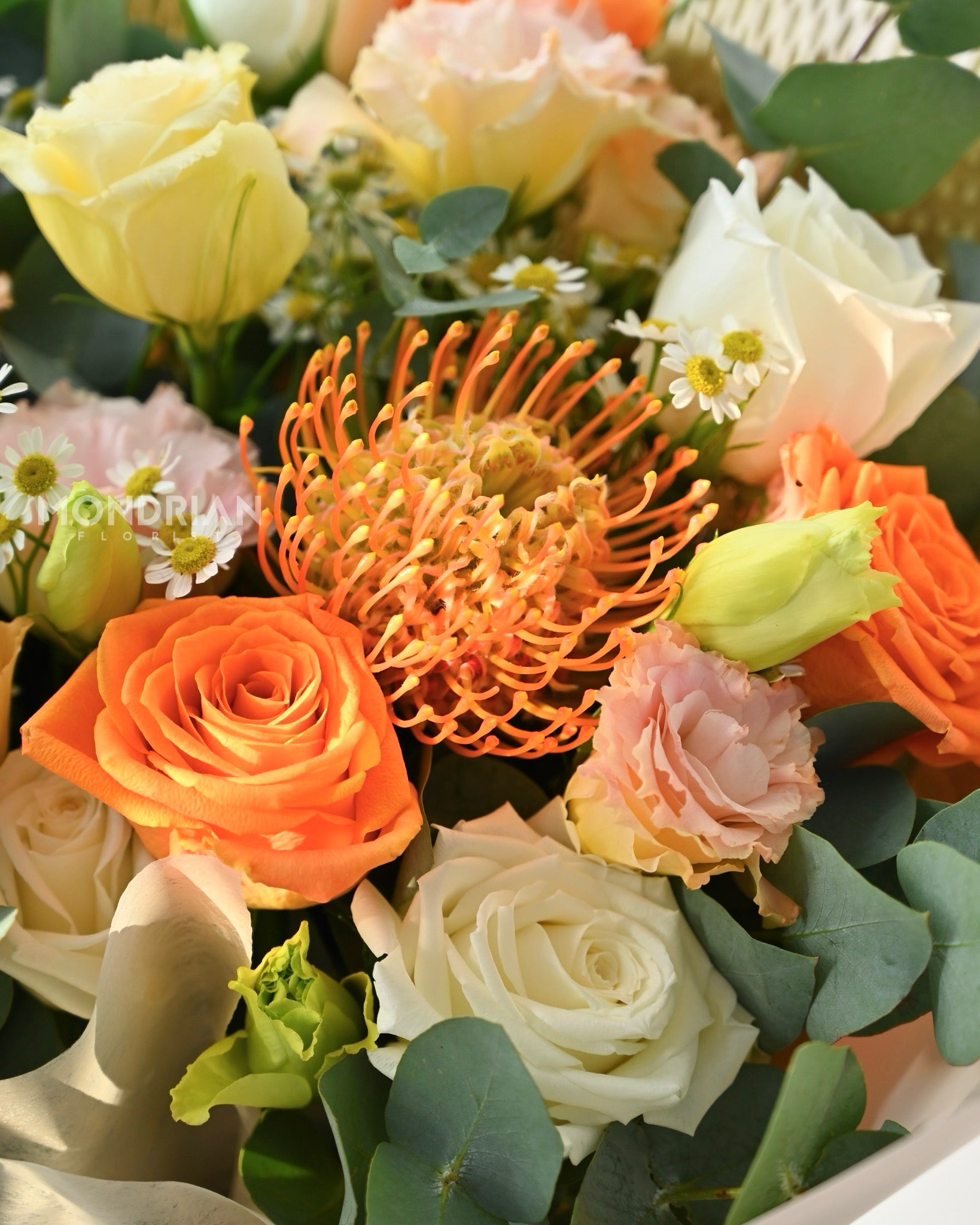 pincushion protea Flower Bouquet birthday flower sg orange rose bouquet anniversary flower delivery congrats rose flower birthday flower flower bouquet sg Mondrian Florist SG MondrianFlorist