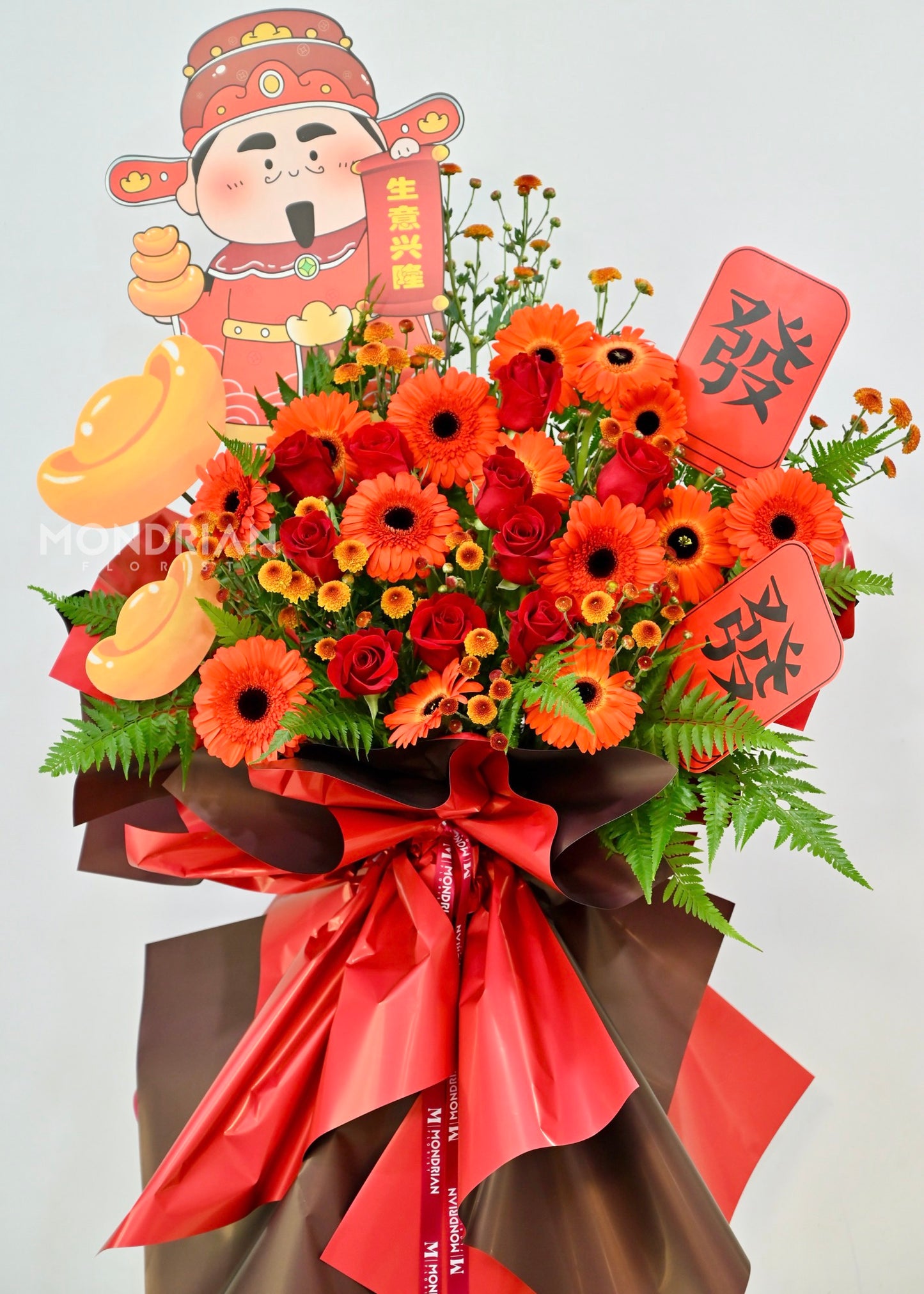 a grand opening flower stand popular in Singapore with fresh roses and fortune icons.