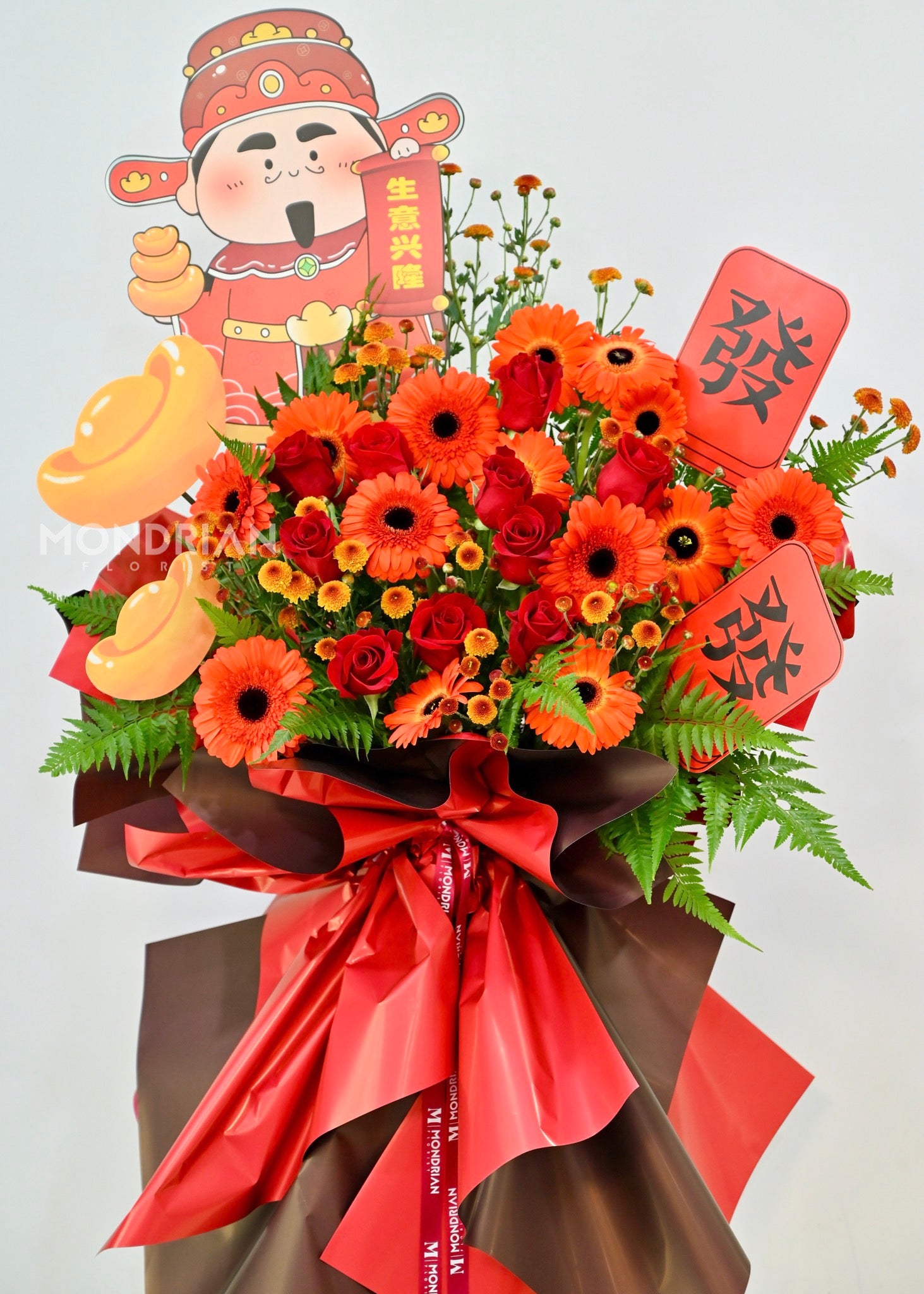 a grand opening flower stand popular in Singapore with fresh roses and fortune icons.