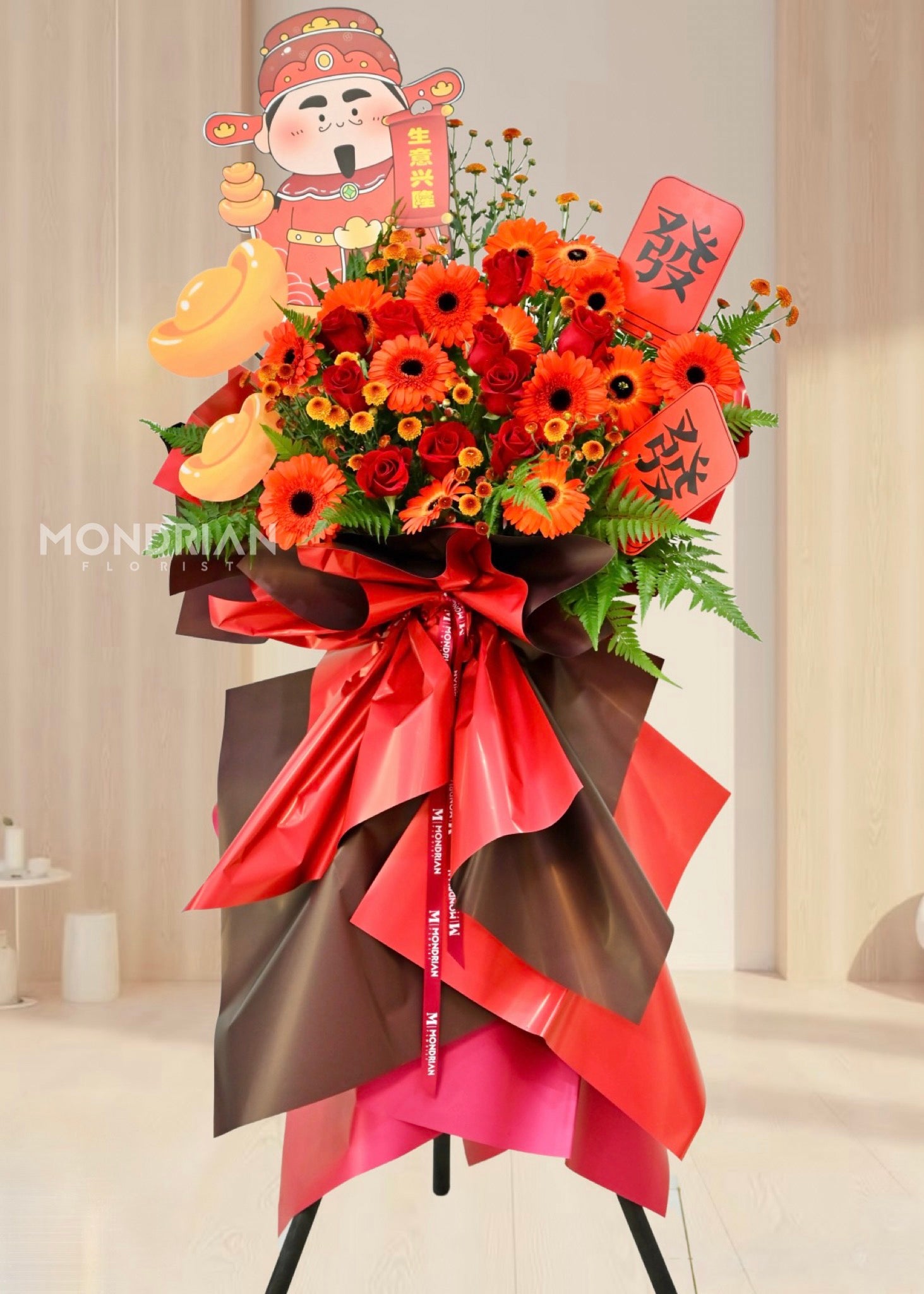 a grand opening flower stand popular in Singapore with fresh roses and fortune icons.