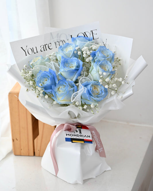 blue rose | Rose with baby's breath bouquet Singapore | anniversary rose bouquet | birthday rose bouquet | rose bouquet delivery sg | Valentine's Day flower delivery | blue rose bouquet | Mondrian Florist SG