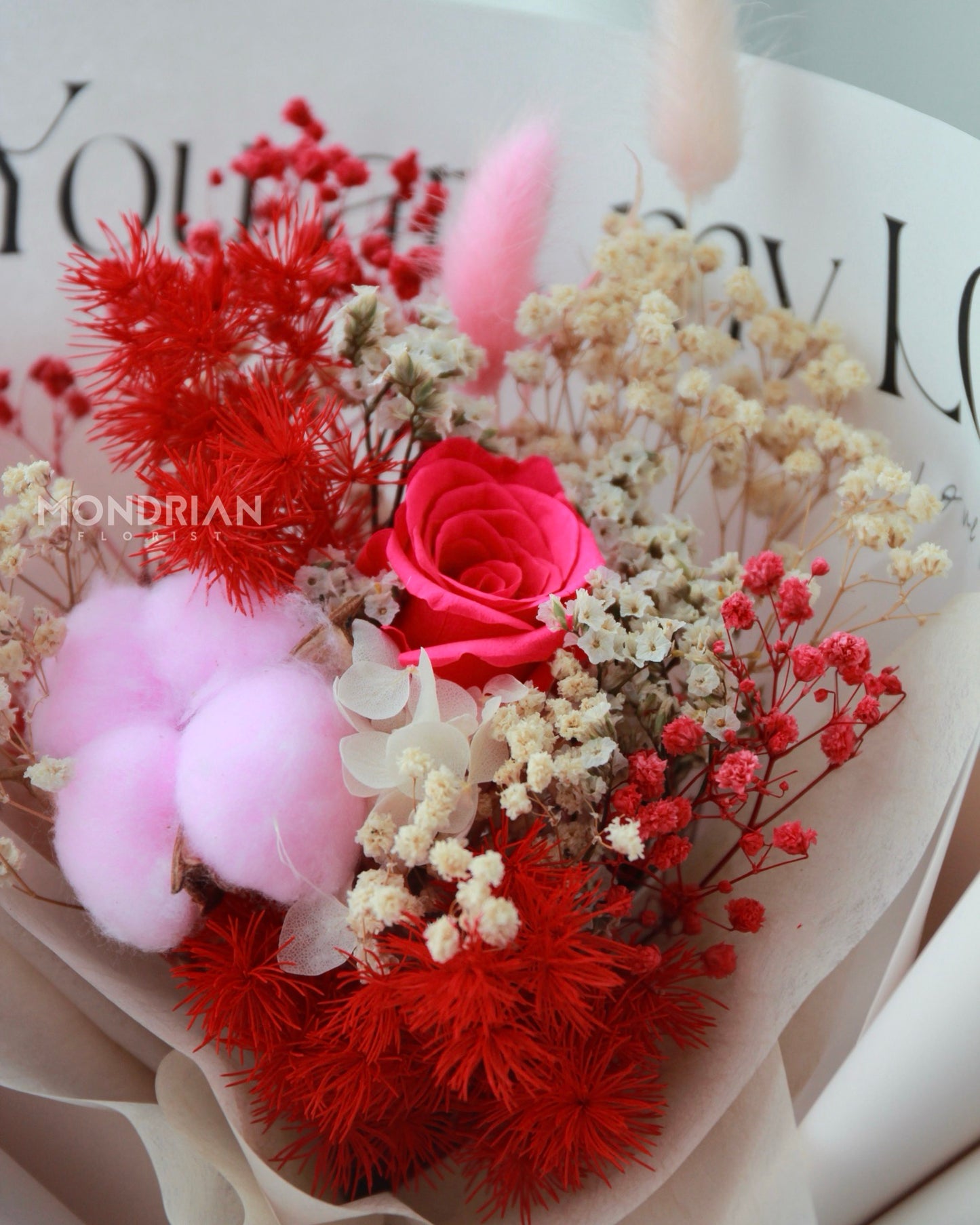 Preserved shocking pink Rose Bouquet | dried flower bouquet | dried baby's breath bouquet | hot pink rose bouquet | flower delivery sg | Mondrian Florist SG