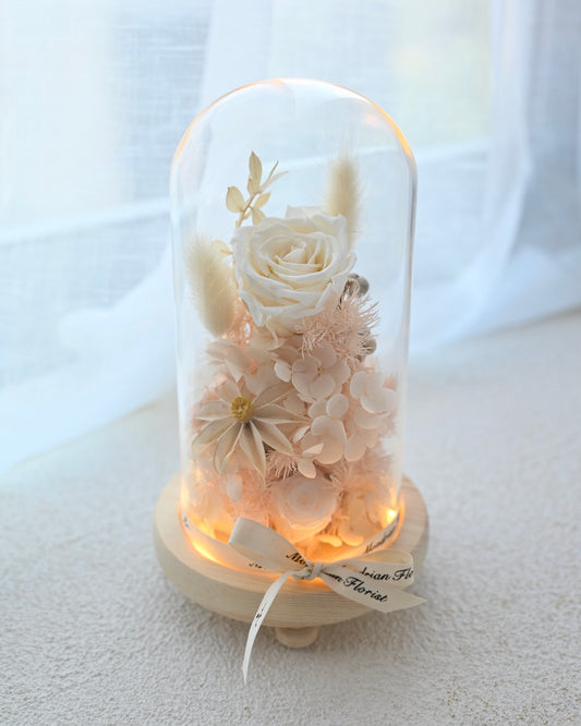 Preserved Rose in Glass Dome | dried flower sg | glass dome rose | fairy lights | flower delivery sg | Mondrian Floris