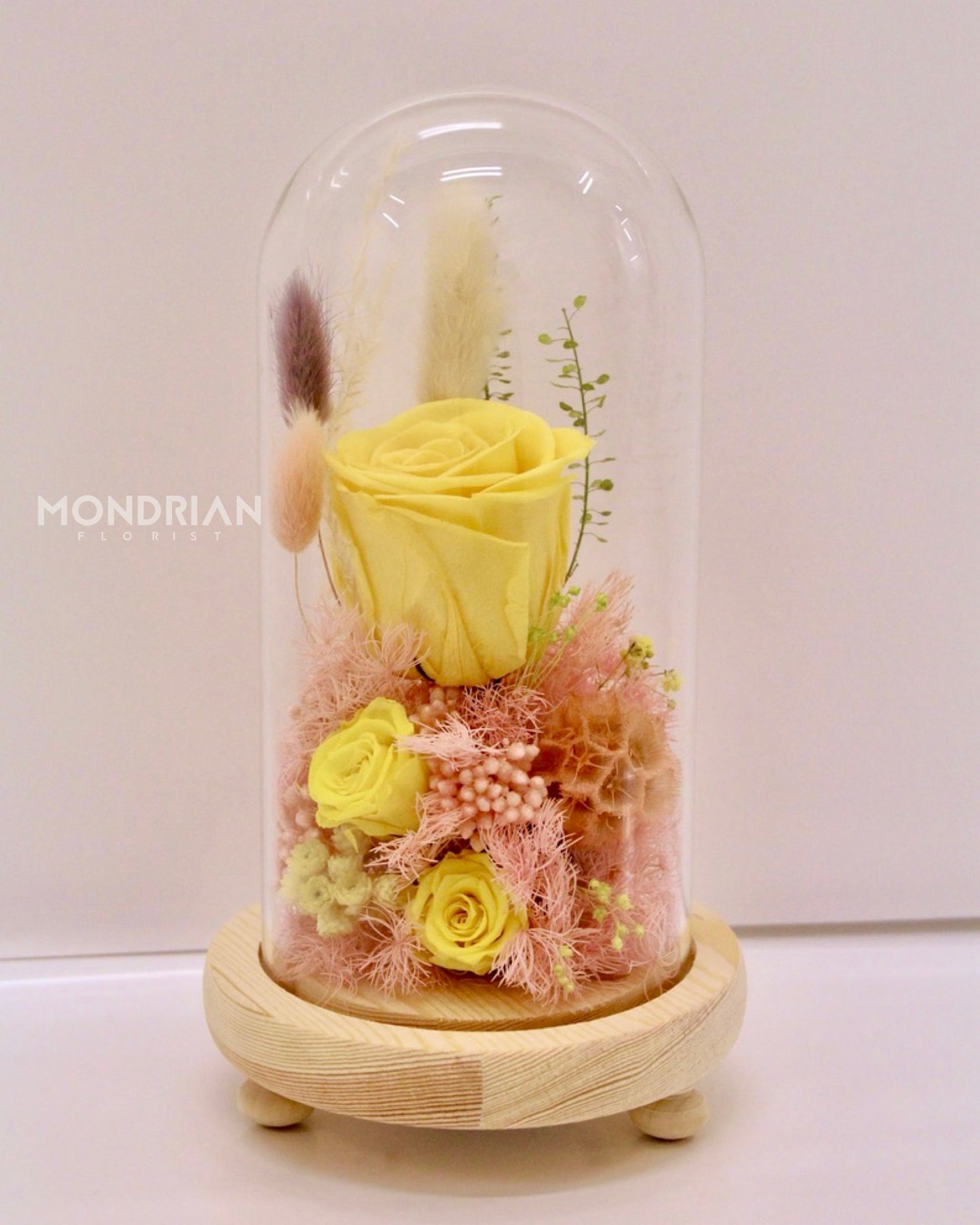 Preserved Rose in Glass Dome | dried flower sg | glass dome flower | fairy lights | flower delivery sg | Mondrian Florist