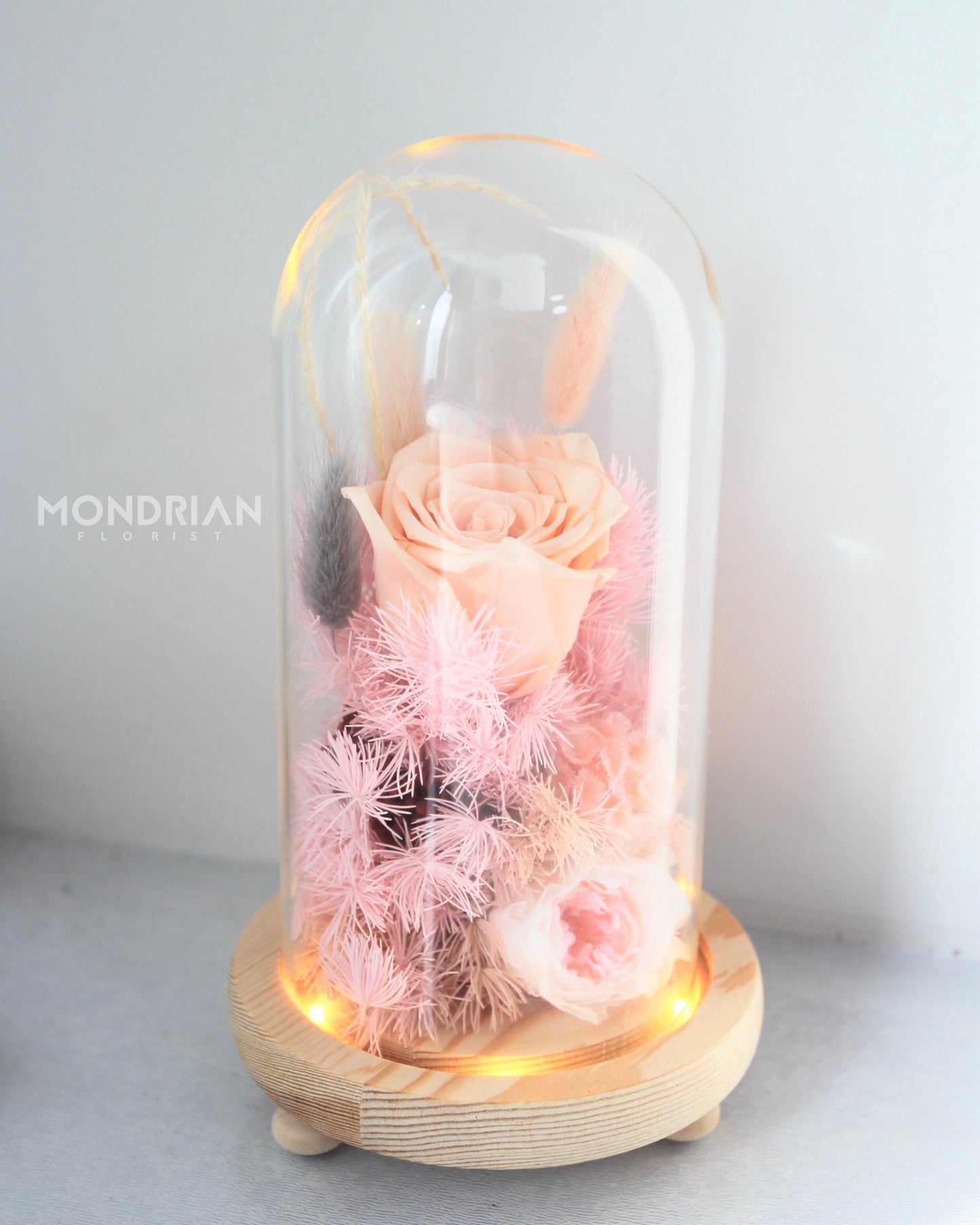Preserved Rose in Glass Dome | dried flower sg | glass dome flower | fairy lights | flower delivery sg | Mondrian Florist