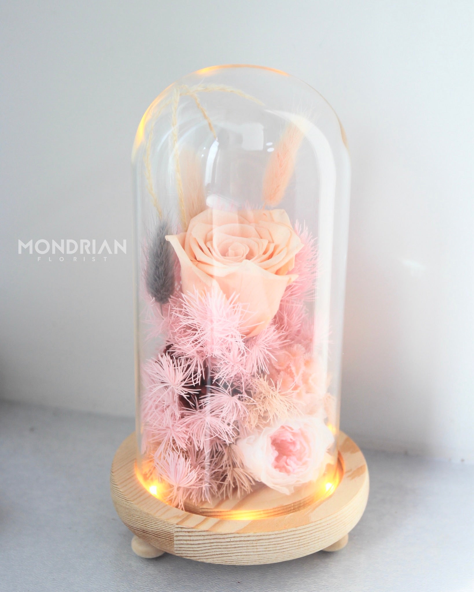 Preserved Rose in Glass Dome | dried flower sg | glass dome flower | fairy lights | flower delivery sg | Mondrian Florist