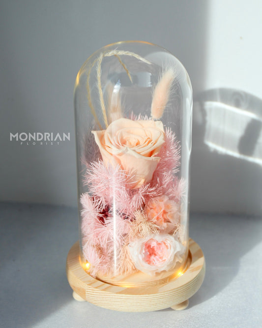 Preserved Rose in Glass Dome | dried flower sg | glass dome flower | fairy lights | flower delivery sg | Mondrian Florist