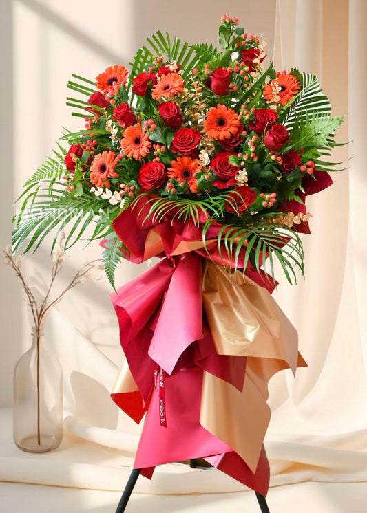 luxury look red and gold fresh flower arrangement for shop or office opening