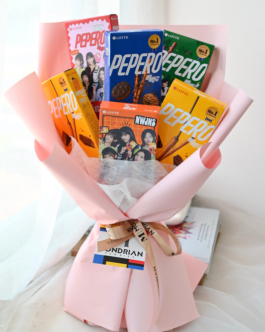 Lotte Pepero arranged in a bouquet form