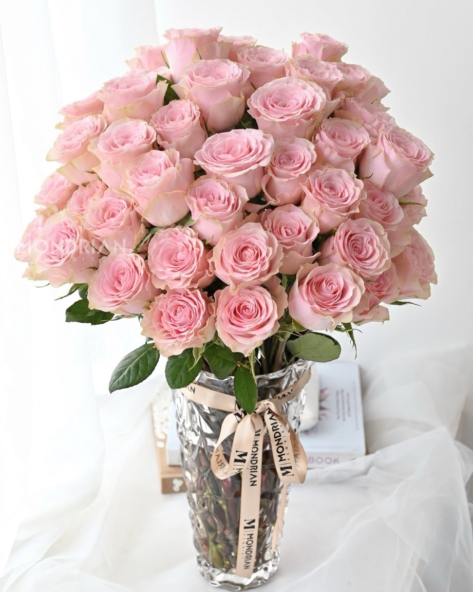 50 stalks light pink roses in clear glass tall vase