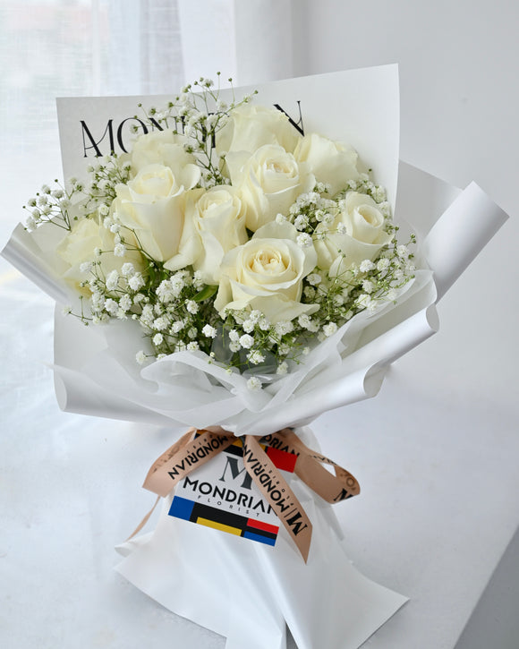 white Rose Bouquet | baby's breath bouquet sg | flower delivery sg | birthday flower | Mondrian Florist