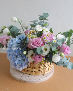 Flower basket | fresh flower Delivery | flower gift | blue hydrangea | purple roses| Mondrian Florist SG