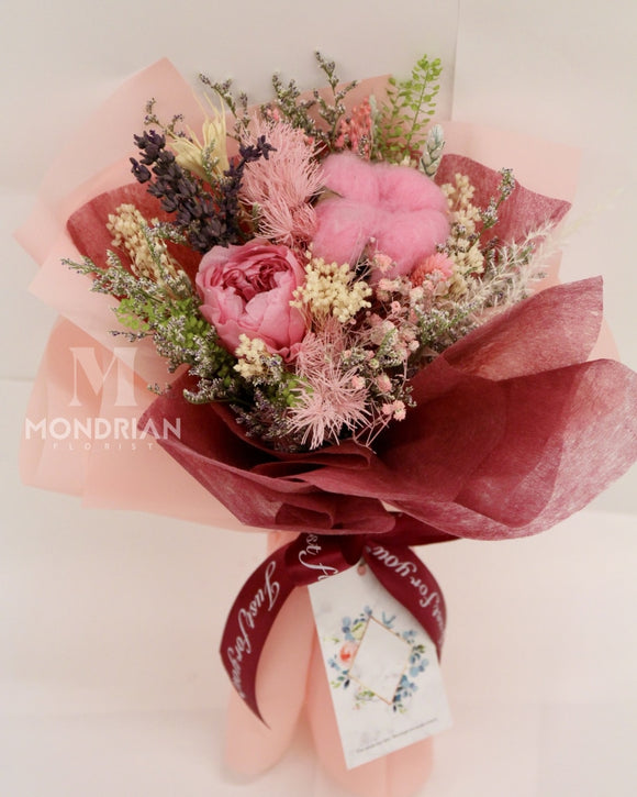 Preserved Flower Bouquet - Pink Rose and Cotton - MondrianFlorist